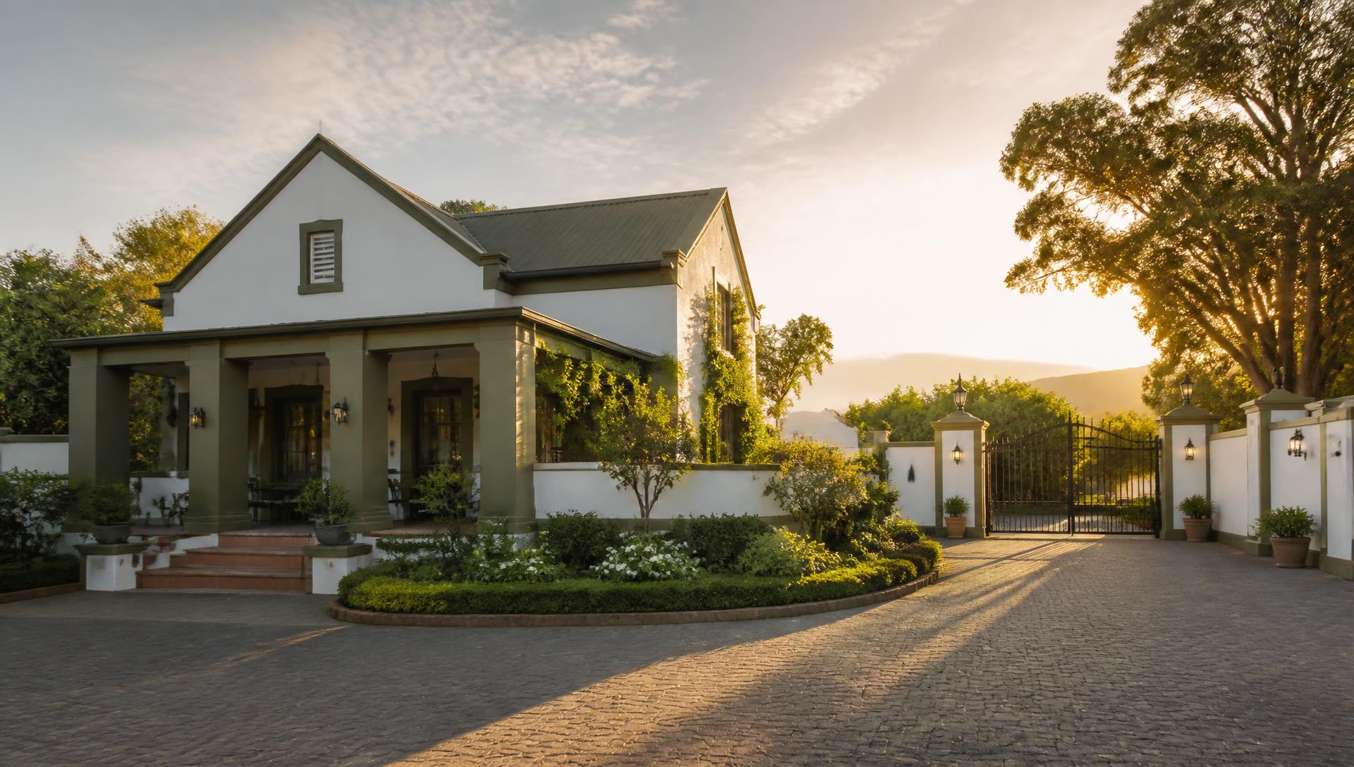 Epicure Home Guesthouse garden entrance in Heidelberg, Gauteng at golden hour